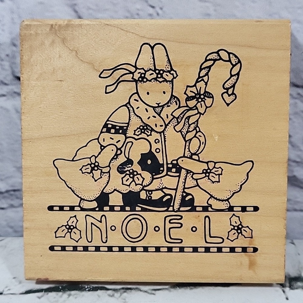 Vintage 90s Daisy Kingdom Rubber Stamp Christmas‎ Noel Bunny Shepherd 4.5" Wood
